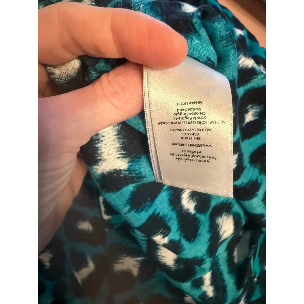 Michael‎ Kors Womens Teal Leopard Print Button Down Short Sleeve Blouse Large